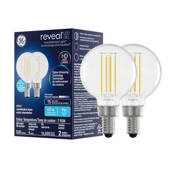 GE Reveal HD+ LED 60W Replacement, G16.5 Vanity - Globe Bulbs (2 Pack)