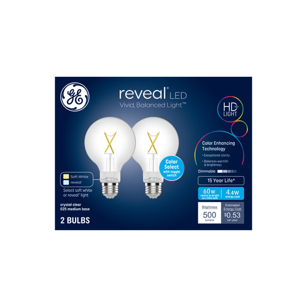 GE Reveal HD+ LED 60 Watt Replacement, Reveal + Soft White, G25 Vanity - Globe Bulbs (2 Pack)