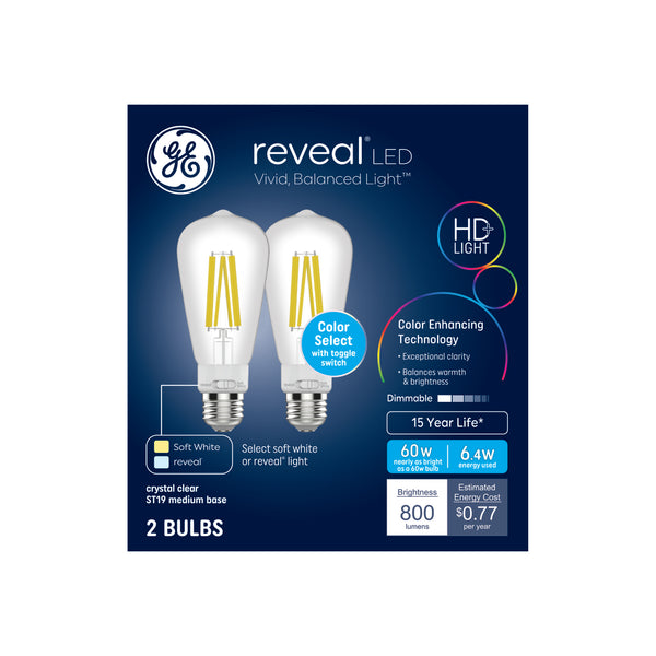 GE Reveal HD+ LED 60 Watt Replacement, Reveal + Soft White, ST19 Edison Bulbs (2 Pack)