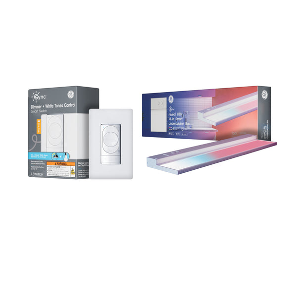 GE Cync Undercabinet Bar Light 18-Inch + Wire-Free Dimmer + White Tones Switch Bundle
