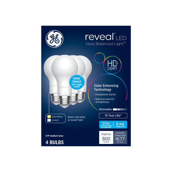 GE Reveal HD+ LED, Reveal + Soft White, A19 General Purpose Bulbs (4 Pack)
