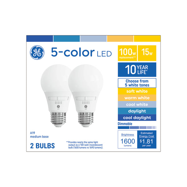 GE Color Select LED 100 Watt Replacement, A19 General Purpose Bulbs (2 Pack)