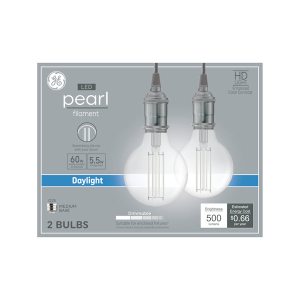 GE Pearl Filament HD LED 60 Watt Replacement, G25 Deco - Globe Bulbs (2 Pack)
