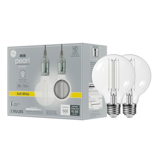 GE Pearl Filament HD LED 60 Watt Replacement, G25 Deco - Globe Bulbs (2 Pack)