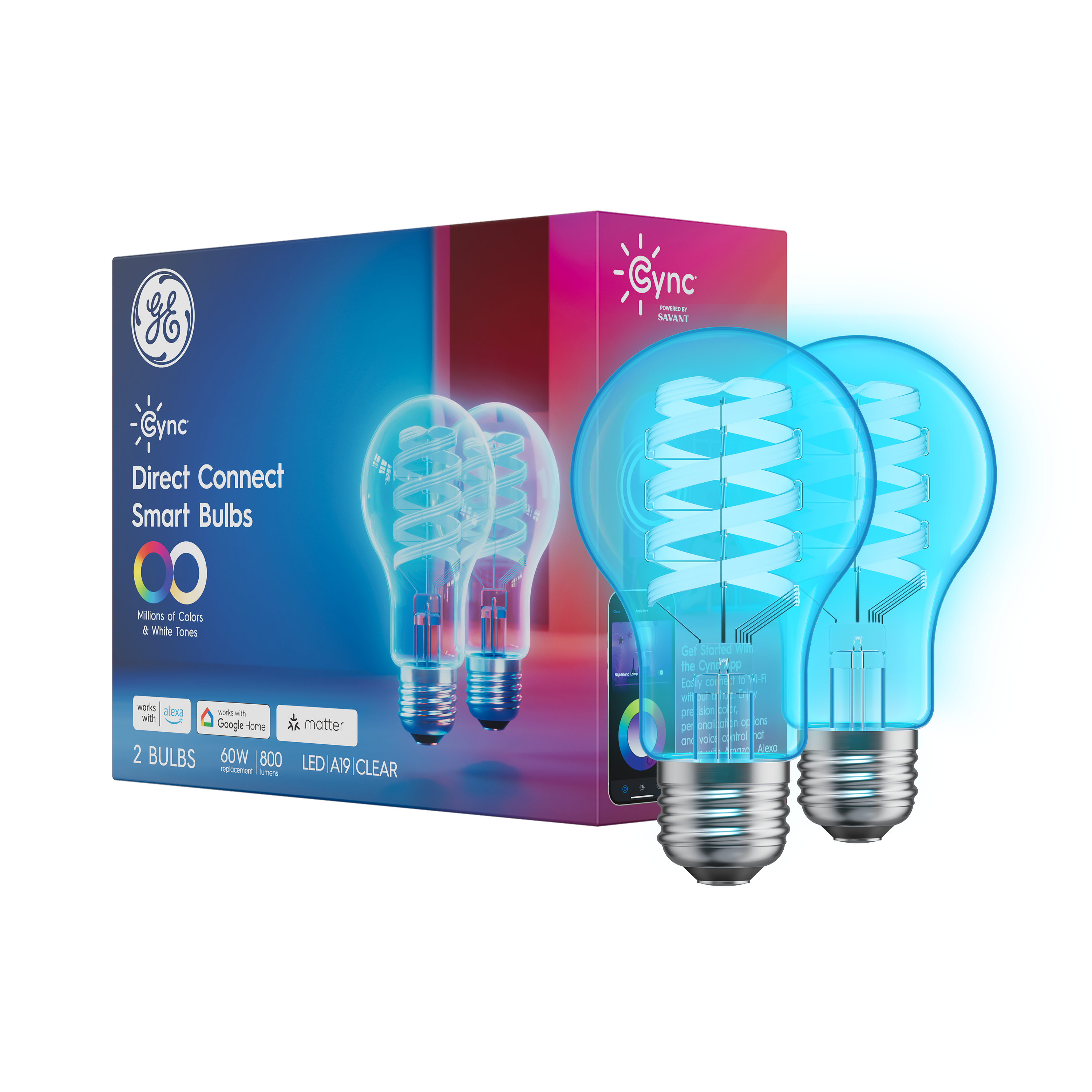 GE Cync A19 Direct Connect LED Light Bulb, Color Changing Clear Smart Light, Matter Compatible, Works with Alexa and Google Home