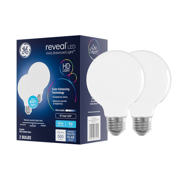 GE Reveal HD+ LED 60 Watt Replacement, Reveal, G25 Vanity - Globe Bulbs (2 Pack) (Copy)
