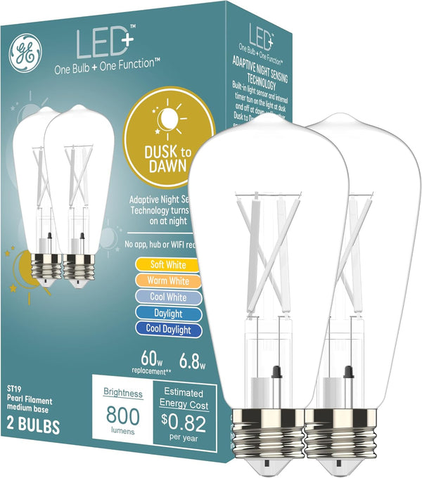 GE LED+ Dusk to Dawn LED Light Bulbs, Security Lights, 60 Watt Replacement, Decorative ST19 Bulbs, Medium Base, Color Select (2 Pack)