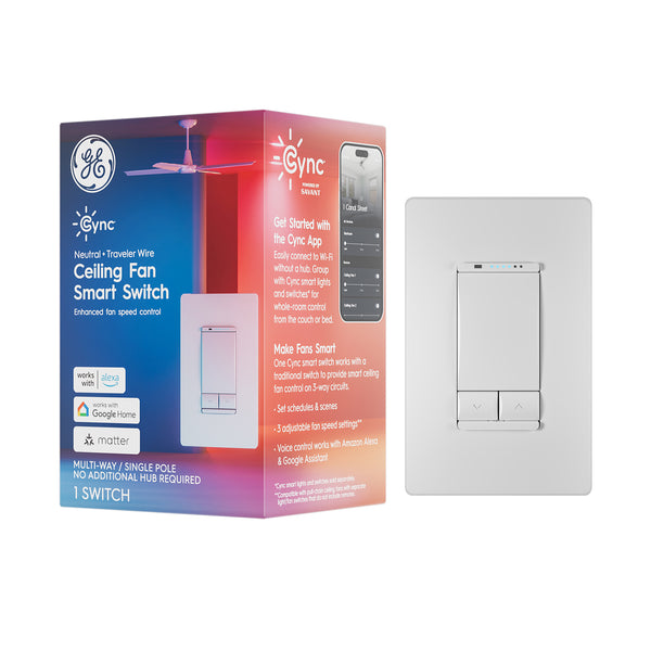 GE Cync Smart Ceiling Fan Switch, Neutral Wire Required, 2.4 GHz WiFi, Works with Alexa and Google Home