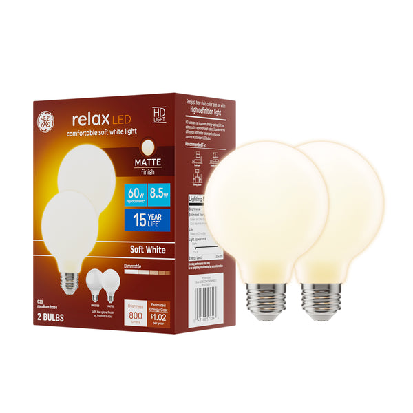 GE Relax HD G25 LED Light Bulbs, Matte Finish, 60 Watt Replacement, Soft White (2 Pack)