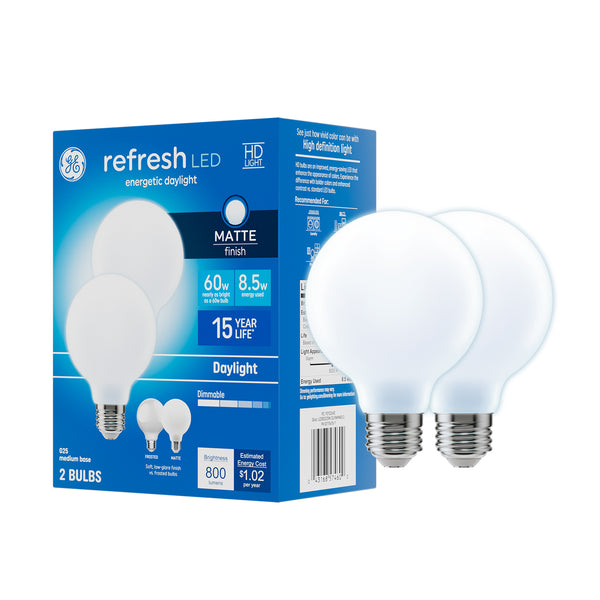 GE Refresh HD G25 LED Light Bulbs, Matte Finish, 60 Watt Replacement, Daylight (2 Pack)