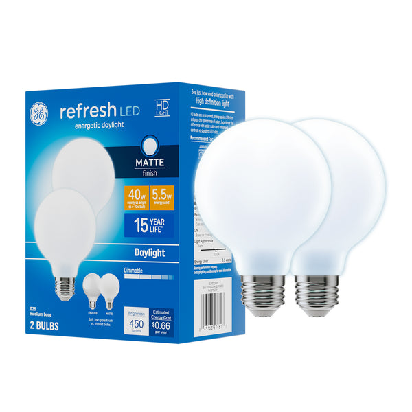 GE Refresh HD G25 LED Light Bulbs, Matte Finish, 40 Watt Replacement, Daylight (2 Pack)