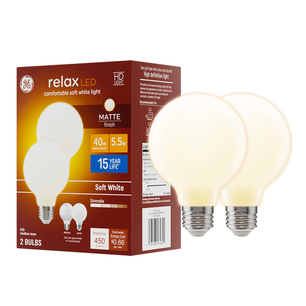 GE Relax HD G25 LED Light Bulbs, Matte Finish, 40 Watt Replacement, Soft White (2 Pack)