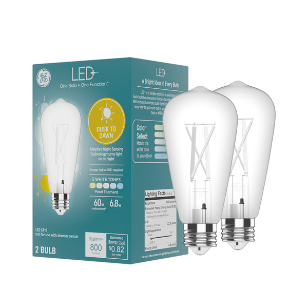 GE LED+ Dusk to Dawn LED Light Bulbs, Security Lights, 60 Watt Replacement, Decorative ST19 Bulbs, Medium Base, Color Select (2 Pack)