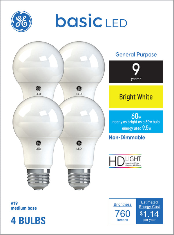 GE Basic A19 LED Light Bulbs, General Purpose Bulbs, 60 W Replacement, Bright White (4 PK)