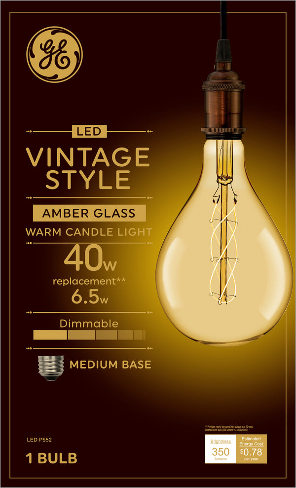 GE Vintage Style LED, Amber Glass, 40 Watt Replacement, PS52 Large Globe Light Bulb