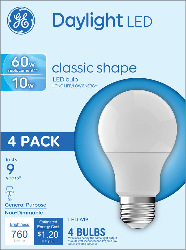 GE Basic LED 60 W Replacement, Daylight, A19 General Purpose Bulbs (4 PK)
