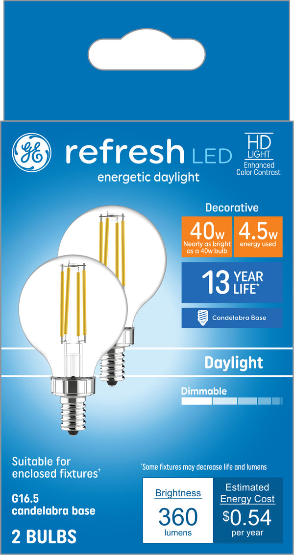 GE Refresh HD LED Daylight Globe Candelabra Base Light Bulbs
