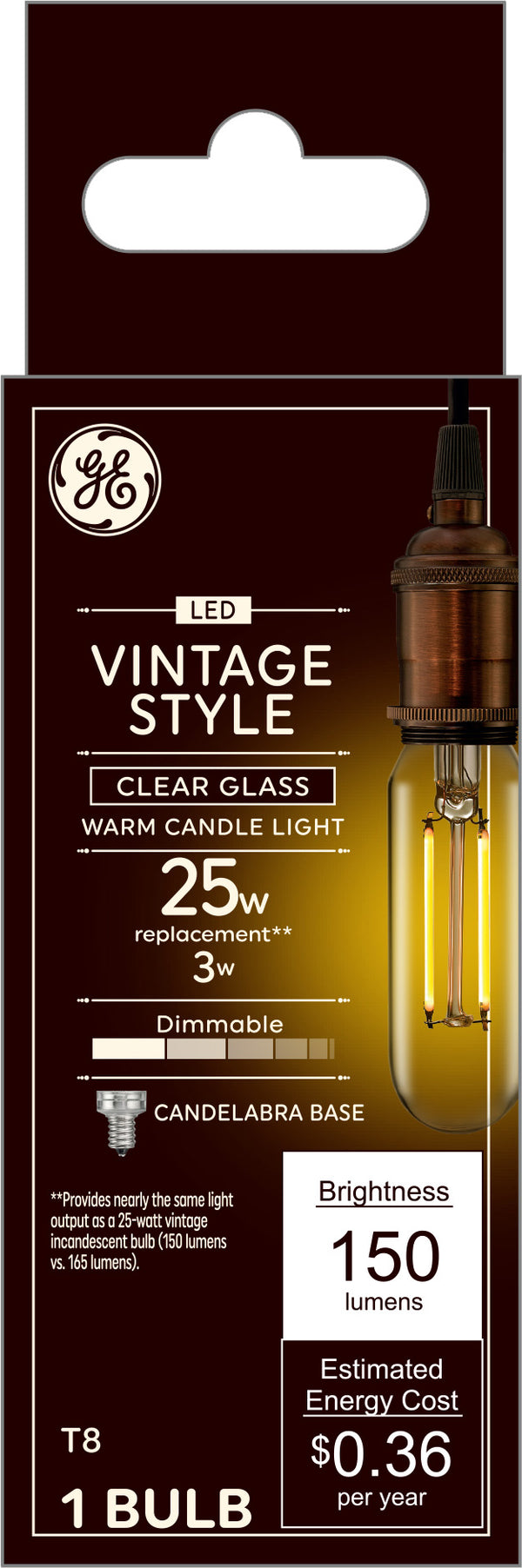 GE Vintage Style T8 LED Light Bulb, Tube Light Clear Glass, 25 W Replacement