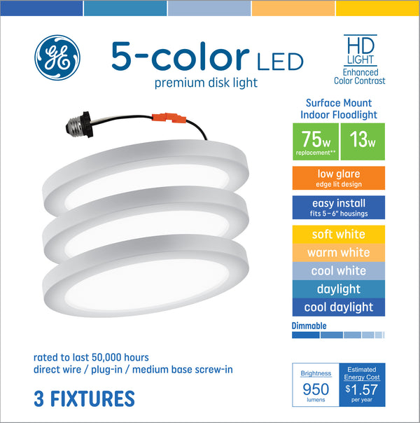 GE Premium Disk Lights, 75 Watt Replacement, Color Select, Direct Wire Plug-In or Screw-In