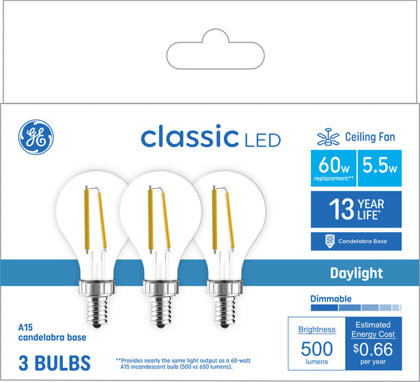 GE Classic A15 LED Light Bulbs, Ceiling Fan Bulbs, 60 W Replacement, Daylight (3 PK)