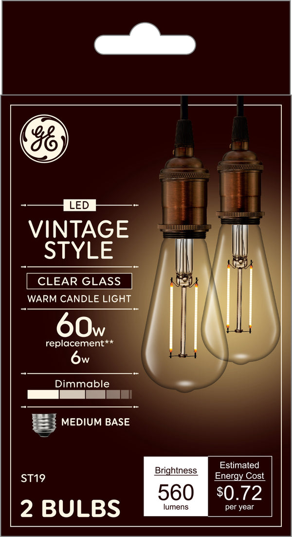 GE Vintage Style LED, Clear Glass, 60 Watt Replacement, ST19 Edison Style Light Bulbs