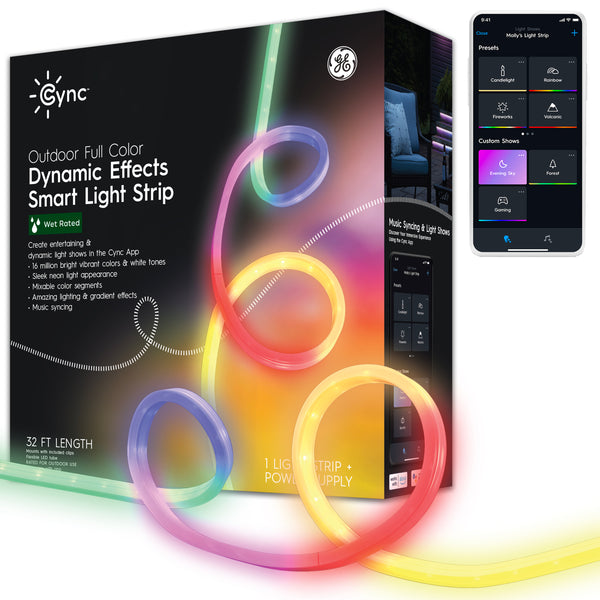 GE Cync Dynamic Effects Smart LED Light Strip with Music Sync, Color Changing Outdoor Light Strip, Works with Alexa and Google Home, 32ft Waterproof Light + Power Supply