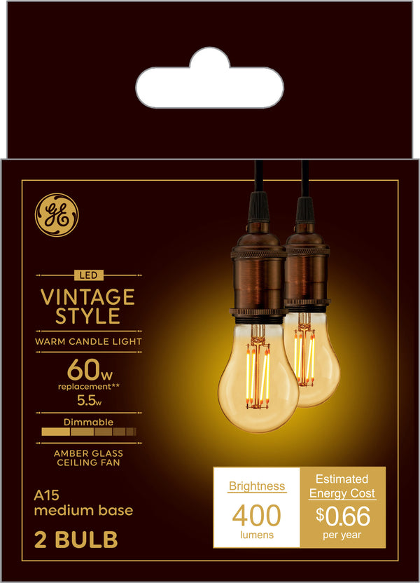 GE Vintage LED 60 W Replacement, Candlelight, A15 Ceiling Fan Bulbs (2 PK)
