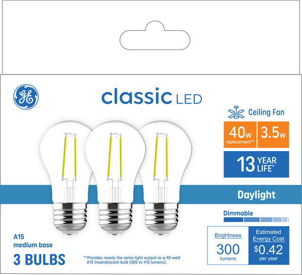 GE Classic A15 LED Light Bulbs, Ceiling Fan Bulbs, 40 W Replacement, Daylight (3 PK)