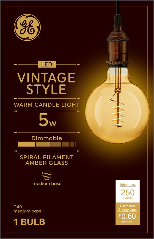 GE Vintage Style G40 LED Light Bulb, Large Globe Light, Amber Glass, 60 W Replacement