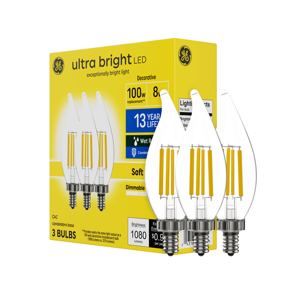 GE Ultra Bright LED Soft White CA12 Deco-Candle Candelabra Base Bulbs