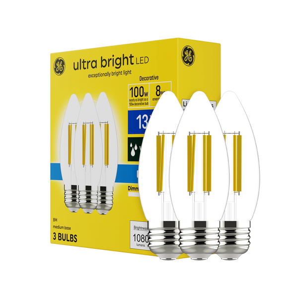 GE Ultra Bright LED Daylight B12 Deco-Candle Medium Base Bulbs