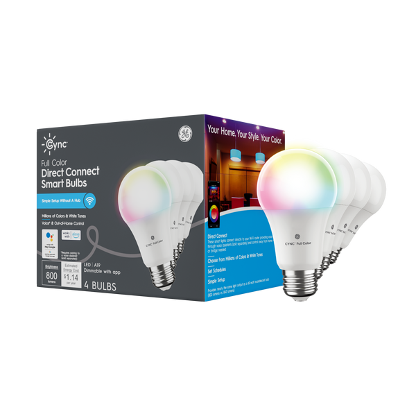 GE Cync A19 Smart LED Light Bulbs, Color Changing Smart WiFi Lights, Works with Alexa and Google Home (4 PK)