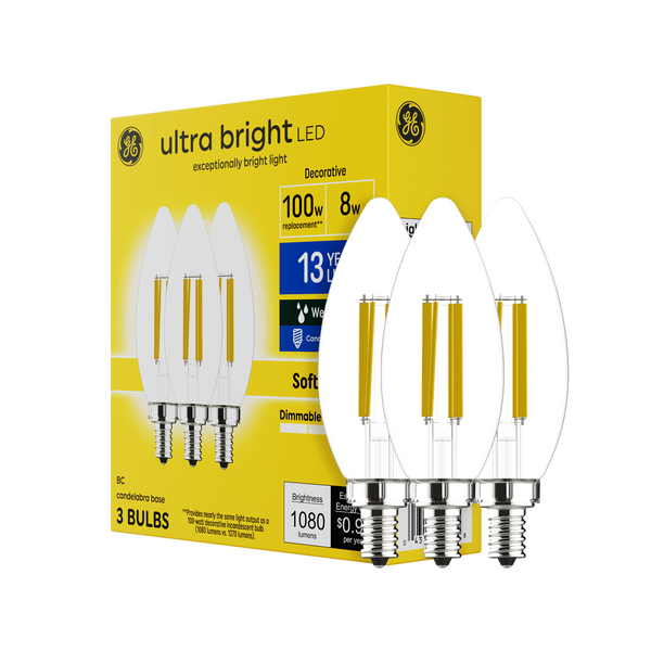 GE Ultra Bright LED Soft White B12 Deco-Candle Candelabra Bulbs