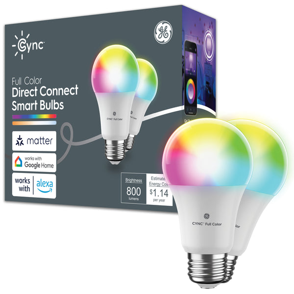 GE Cync A19 Smart LED Light Bulbs, Color Changing Smart WiFi Lights, Matter Compatible, Works with Alexa and Google Home (2 PK)